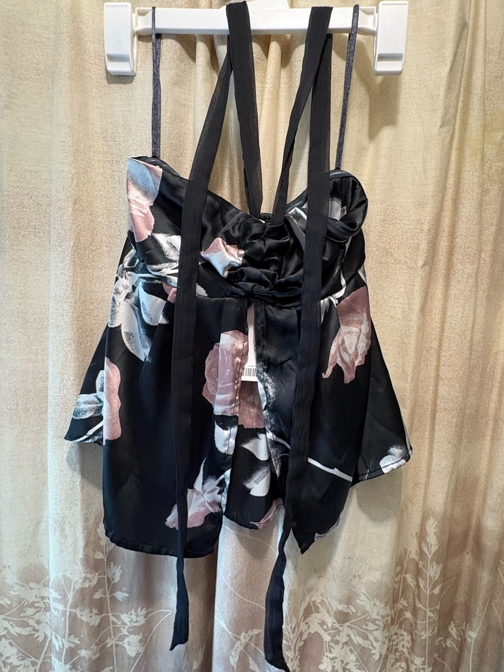 Urban Outfitters Black Satin Floral Strappy Camisole with Pink and White Flowers